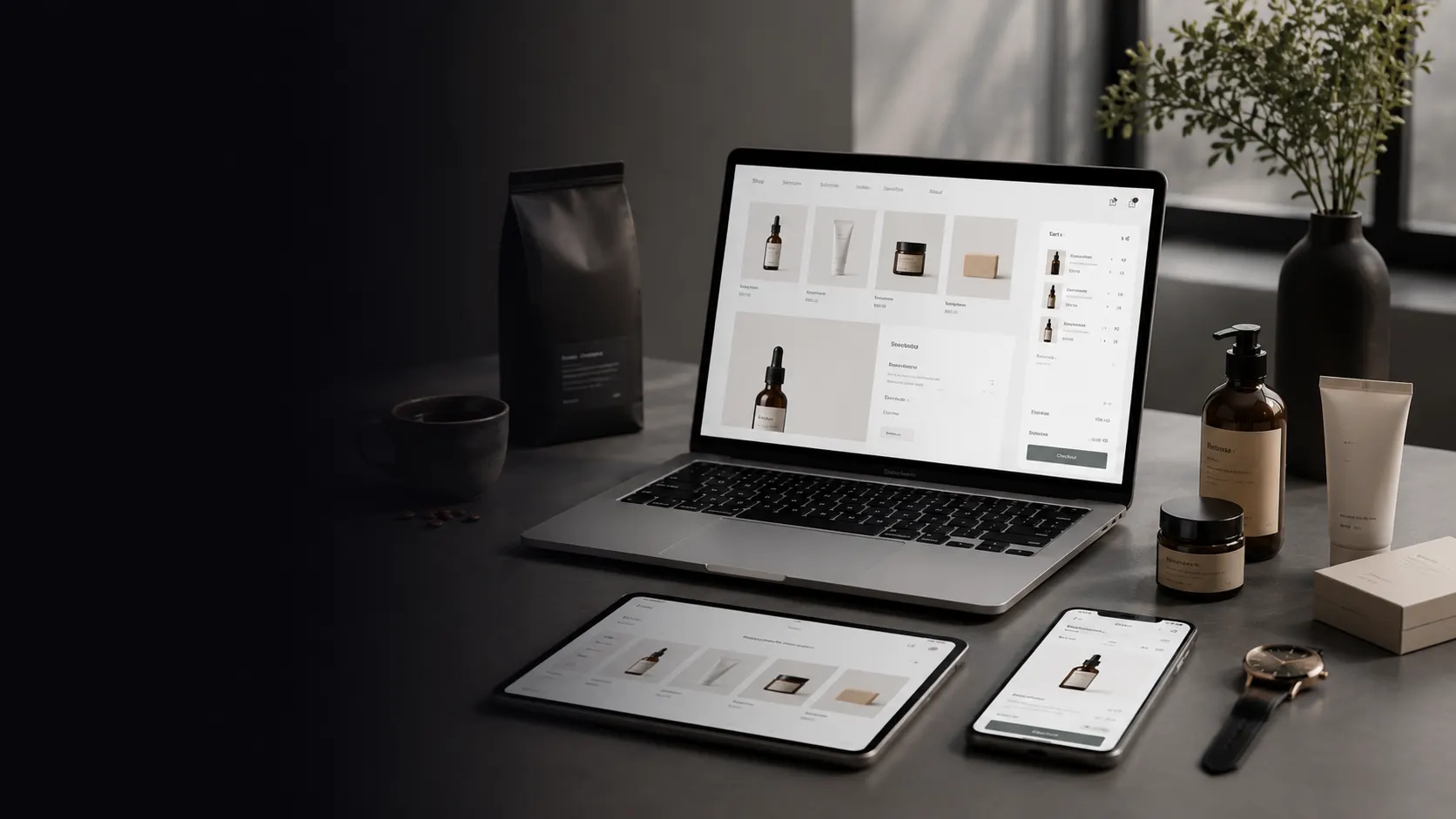 E-commerce visual with digital interfaces and technology devices