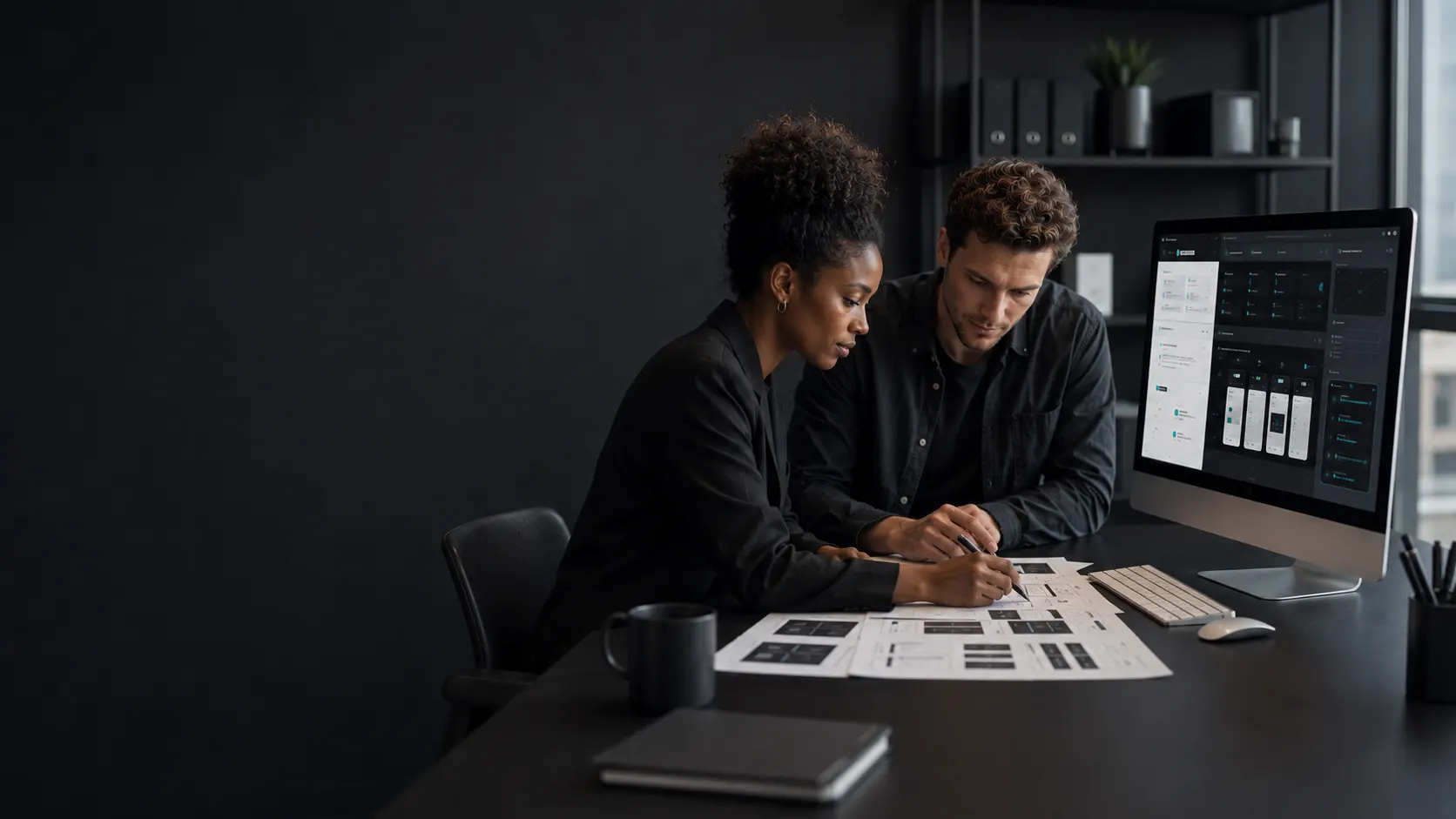 Minimal digital studyo workspace with design boards, devices, and technology process