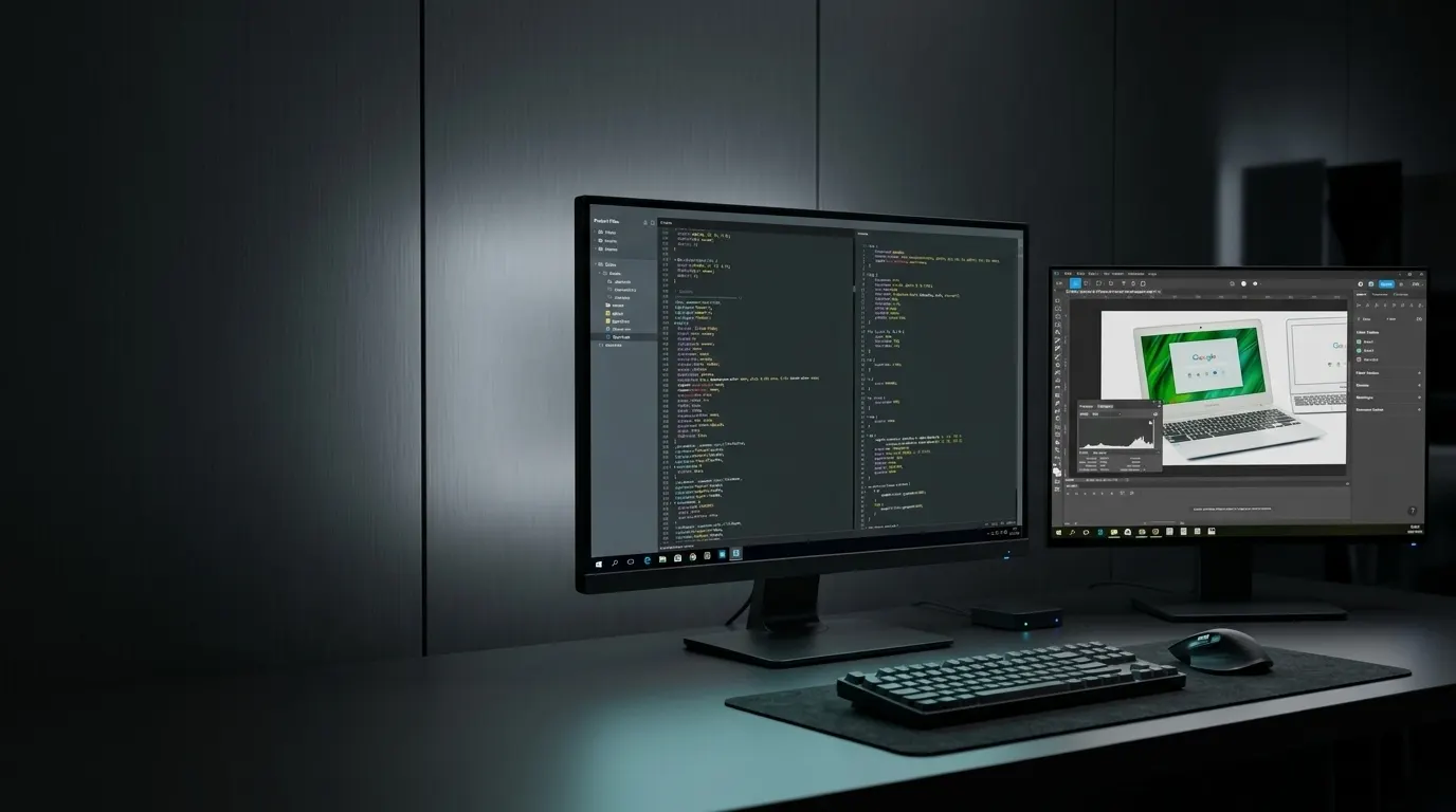 Web Design & Development visual with digital interfaces and technology devices